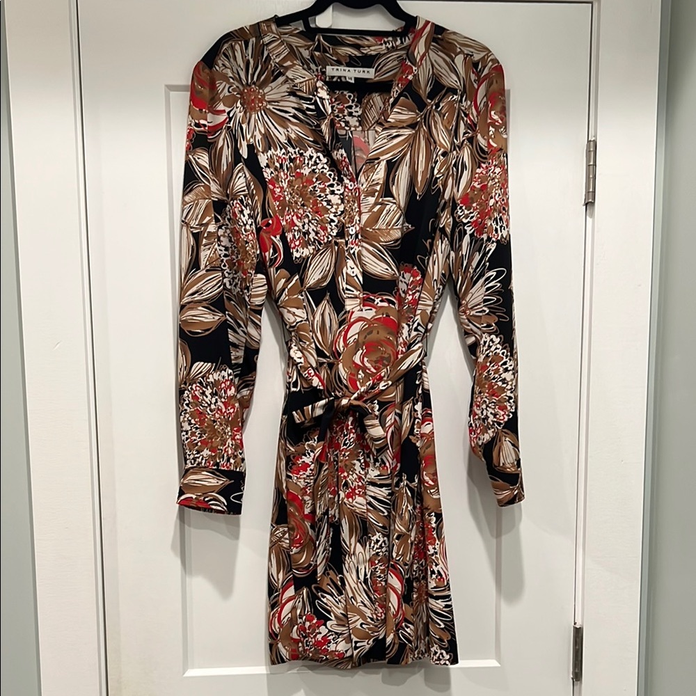Trina Turk Orange and Black Long Sleeve Sheath Dress for Wedding Guest
